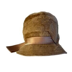 Vintage Martell Cloche Hat Bowler Hat Tan Faux Fur Mod Satin Sash Bow European